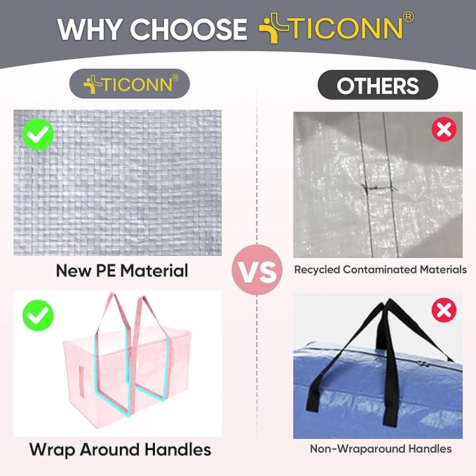 TICONN 8 Pack Extra Large Moving Bags with Zippers & Carrying Handles, Heavy-Duty Storage Tote Moving Boxes for Space Saving (8 Pack, Coral)