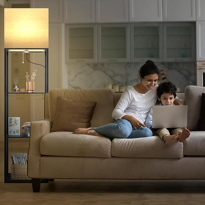 Dott Arts Floor Lamp with Shelves, Wide Floor Lamps for Living Room Display Shelf Lamps with 3 Color LED Bulb,Storage Wood Modern Floor Lamp for Bedroom Standing Lamp for Living Room Office（Black）