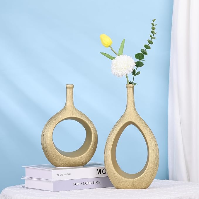 LCCCK Matte Gold Ceramic Vase Set of 2 - Ribbed Hollow Aesthetic Decorative Vase, Modern Farmhouse Table Centerpiece, Boho Gold Vases for Flower Decor and Home Living