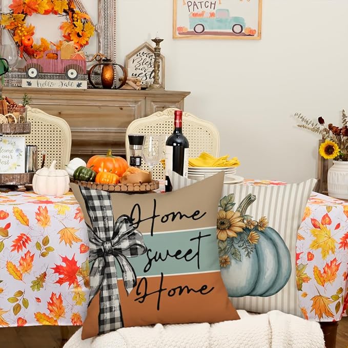 GEEORY Fall Pumpkin Sunflowers Pillow Covers 18x18 Inch Set of 4, Mason Jars Sweet Home Buffalo Plaid Bowknot Autumn Thanksgiving Decorative Throw Pillows Farmhouse Decoration for Sofa Aqua