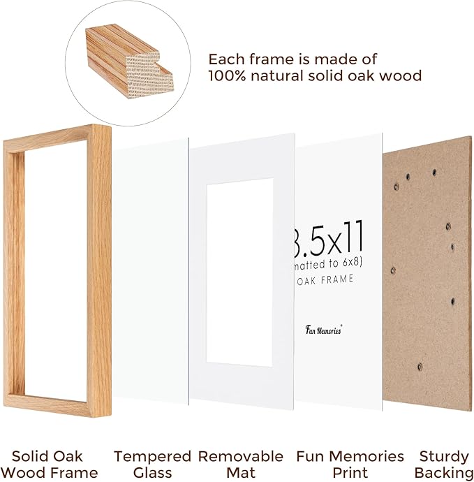 8.5x11 Picture Frame, Oak Wood Frame 8.5 x 11, 8.5 by 11 Wood Frames with Glass, 8.5x11 Matted frame for 6x8, Real Wood 8.5"x11" Photo Frame with Stand, Natural Oak Color, 1 Pack