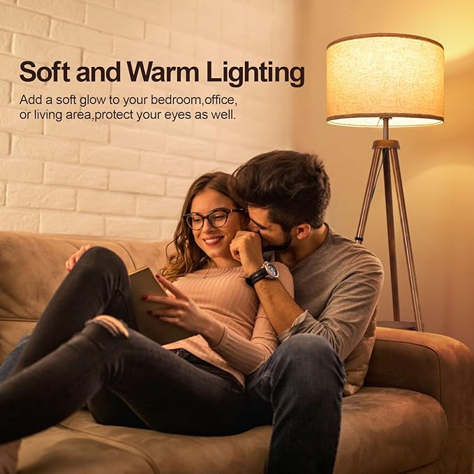 OUTON Wood Tripod Floor Lamp with Shelves, Mid Century LED Modern Dimmable Floor Lamp with Remote Control, Sturdy Tall Standing Lamp with Beige Linen Texture Shade for Living Room, Bedroom, Office