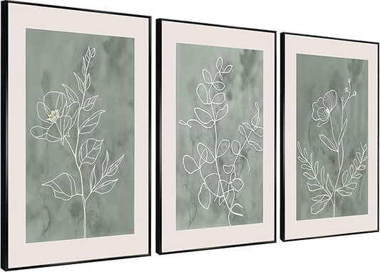 3Pcs Sage Green Botanical Wall Art Line Drawing Floral Canvas Poster Prints Modern Abstract Minimalist Picture Neutral Boho Artwork Simple Painting Wall Decor for Living Room Bedroom 12x16in Unframed