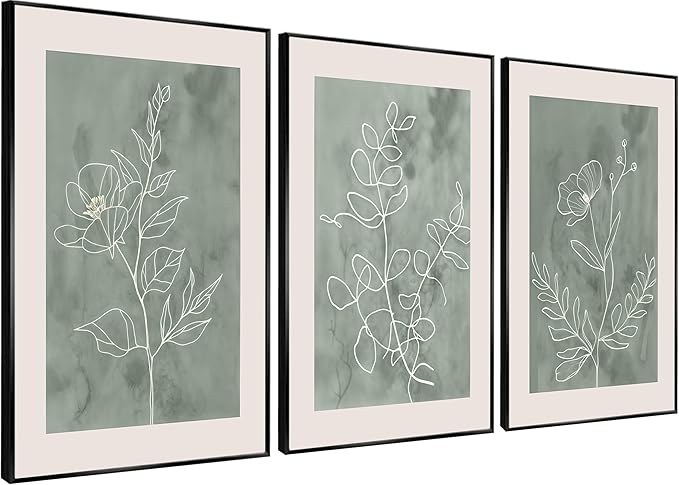 3Pcs Sage Green Botanical Wall Art Line Drawing Floral Canvas Poster Prints Modern Abstract Minimalist Picture Neutral Boho Artwork Simple Painting Wall Decor for Living Room Bedroom 16x24in Unframed