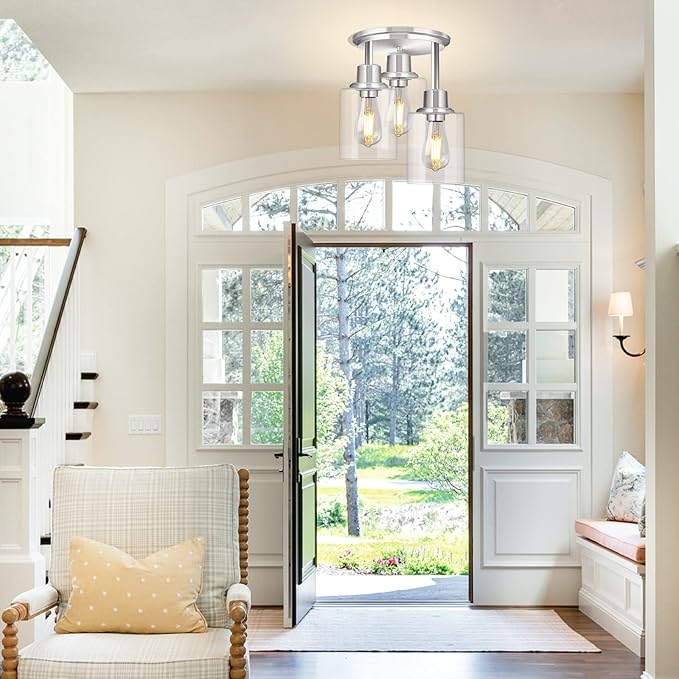 ROTTOGOON Semi Flush Mount Ceiling Light, 3 Light Close to Ceiling Light Fixtures, Brushed Nickel Finish Kitchen Light Fixtures with Clear Glass Shades, Modern Hallway Lights Fixtures Ceiling Mount