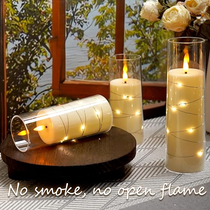 Flameless LED Candles with Timer 9 Pc Flickering Flameless Candles for Romantic Ambiance and Home Decoration Stable Acrylic Shell,with Embedded Star String，Battery Operated Candles（Ivory）