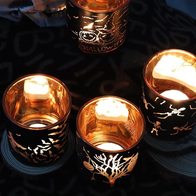 SHMILMH Halloween Glass Candle Holders Set of 4, Votive Tealight Holder Candle Jar for Making Candle, Halloween Office Kitchen Mantel Table Centerpiece Decoration