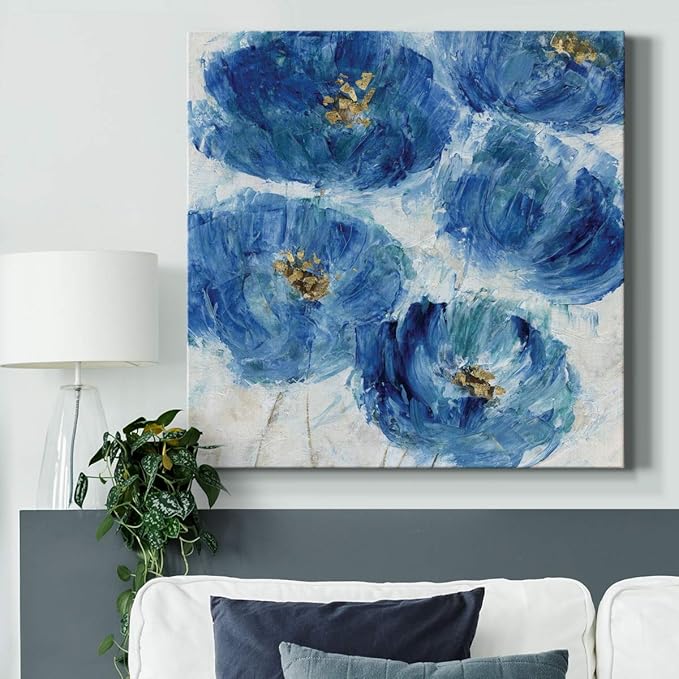 Wexford Home Square Premium Gallery Wrapped Canvas Flower Multicolor Wall Art Abstract Floral Romance Modern Pictures Print for Home Office, Ready to Hang, blue floral fleck, 32x32