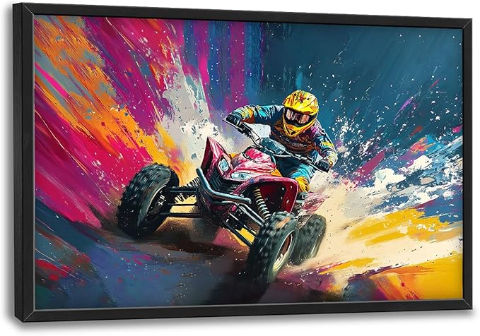 Flintis Large Kart Racing Framed Wall Art Racing Car Pictures Wall Decor Abstract Colorful Race Car Canvas Painting Print Artworks Decor Framed for Living Room Bathroom Master Bedroom 36L X 24W