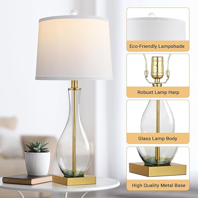 Table Lamps Set of 2 with Touch Control, 27" Bedside Desk Lamps for Nightstand Decorations, 3-Way Dimmable Modern Glass Table lamp with USB C and A Charging Ports, Gold (LED Bulbs Included)