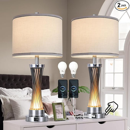 3-Way Dimmable Table Lamp Set of 2,Touch Control Lamp with Night Light,Modern Blue Crystal Table Lamps for Bedroom,Living Room，Bedside Lamps with USB A+C Ports，Fabric Lampshade(Blubs Included)