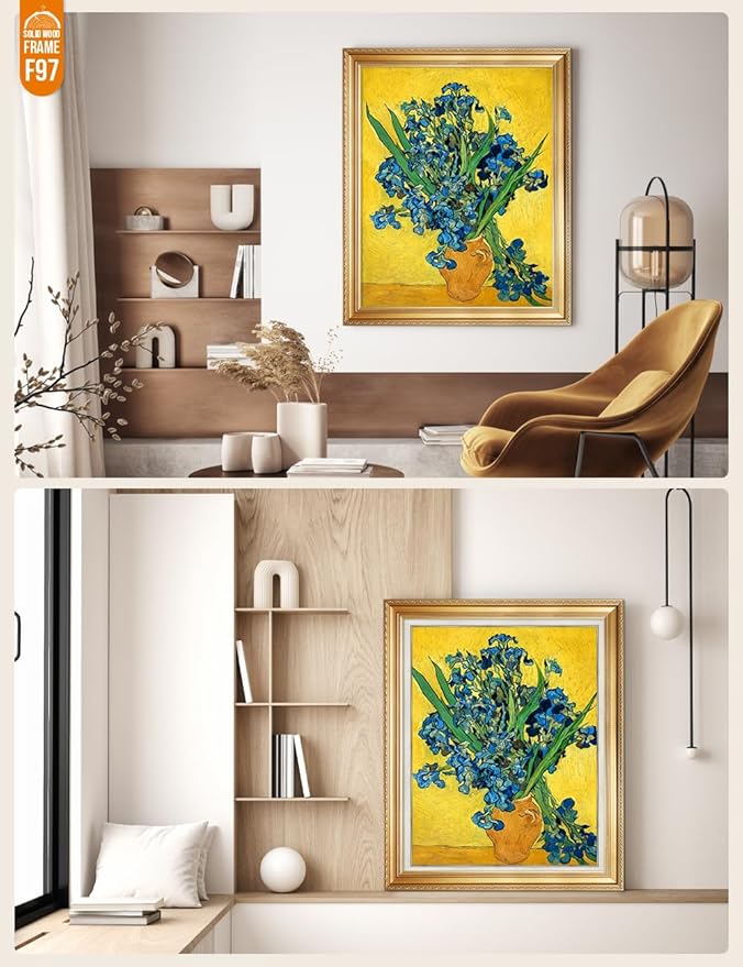 DECORARTS - Irises Vase Flower, Vincent Van Gogh Art Reproduction. Acid Free Cotton Canvas Giclee Print w/Bronze Frame&Mat for Wall Decor.