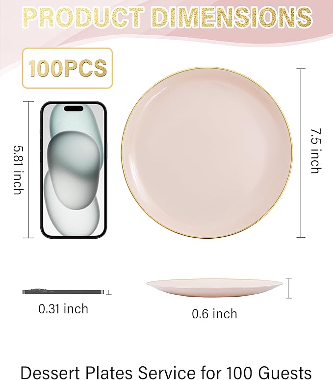 Nervure 100Pieces Pink and Gold Plastic Plates - 7.5inch Disposable Pink Salad/Dessert Plates - Heavy Duty Plastic Plate Ideal for Wedding & Party