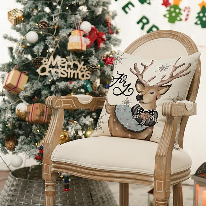 AVOIN colorlife Christmas Snowman Reindeer Gloves Eucalyptus Blue Throw Pillow Covers, 18 x 18 Inch Winter Holiday Stripes Cushion Case Decoration for Sofa Couch Set of 4