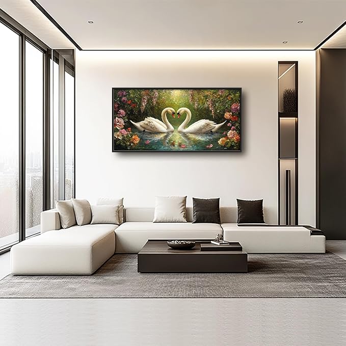 Swans Framed Wall Art for Living Room, Large Lake Loving Swans Canvas Wall Decor, Country Animal Pictures Painting, Natural Landscape Modern Artwork for Bathroom Bedroom 60L'' × 30W''