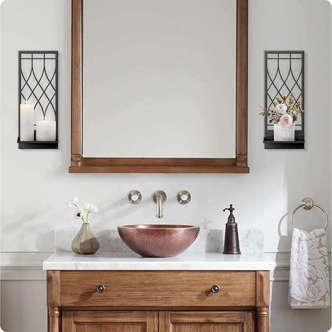 Wall Candle Holder, Black Metal Wall Art, Line Wall Candle Holder for Living Room, Dining Room, Bedroom, Bathroom (2 Pack, 16.5 x 7 in)