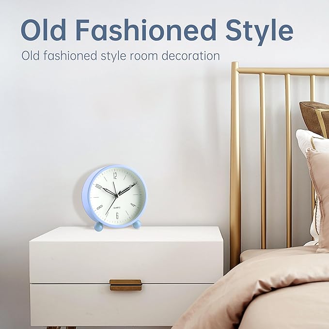 Analog Alarm Clock, 4 inch Super Silent Non Ticking Small Clock with Night Light, Battery Operated, Simple Design, Old fashioned Style SkyBlue decor, for Bedroom, Bedside, Desk, Adult, Kid, Gift, Blue