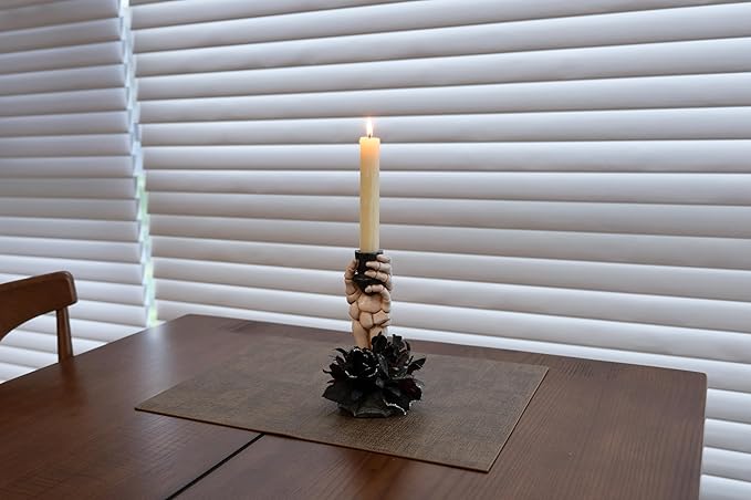 Halloween Candle Holder, Resin Skeleton Hand Candlestick with Black Faux Flower, Halloween Decor for Home Table, 7" Height