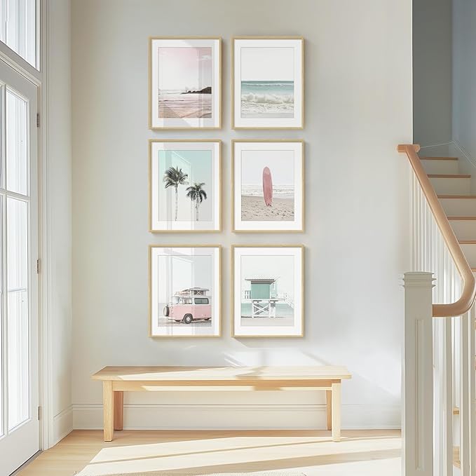 Framed Pink and Mint Green Coastal Wall Art for Living Room, 6 Piece Palm Tree Surfboard Beach Pictures Prints for Bedroom, Tropical Nautical Ocean Beachy Artwork for Hallway Walls Decor, 11x14 Inch