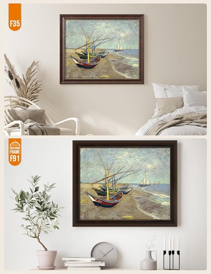 DECORARTS - Boats At Saintes Maire - Vincent Van Gogh Giclee Prints w/Antique Brown Frame for Wall Decor. Picture Size: 20x16, Total Size w/Frame: 23x19