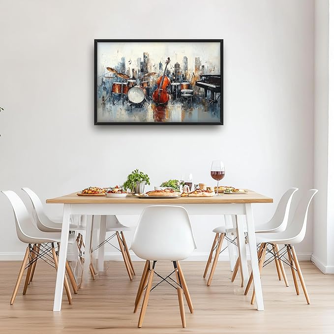 Flintis Large Music Cello Framed Wall Art Musical Piano Pictures Wall Decor Abstract Drums and Basses Canvas Painting Print Artworks Decor Framed for Living Room Bathroom Master Bedroom 36L X 24W