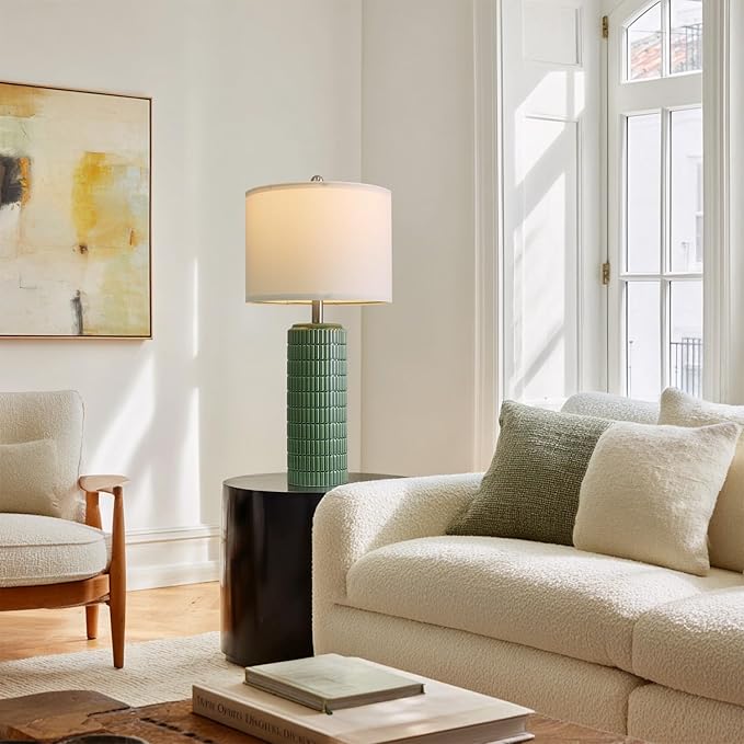 PoKat 27.5" Dark Green Ceramic Table Lamps for Living Room, Farmhouse Table Lamps Set of 2 for Bedroom Night Stands, Modern Bedside Lamps for End Side Table, Vintage Nightstand Decor Lamps Home Office