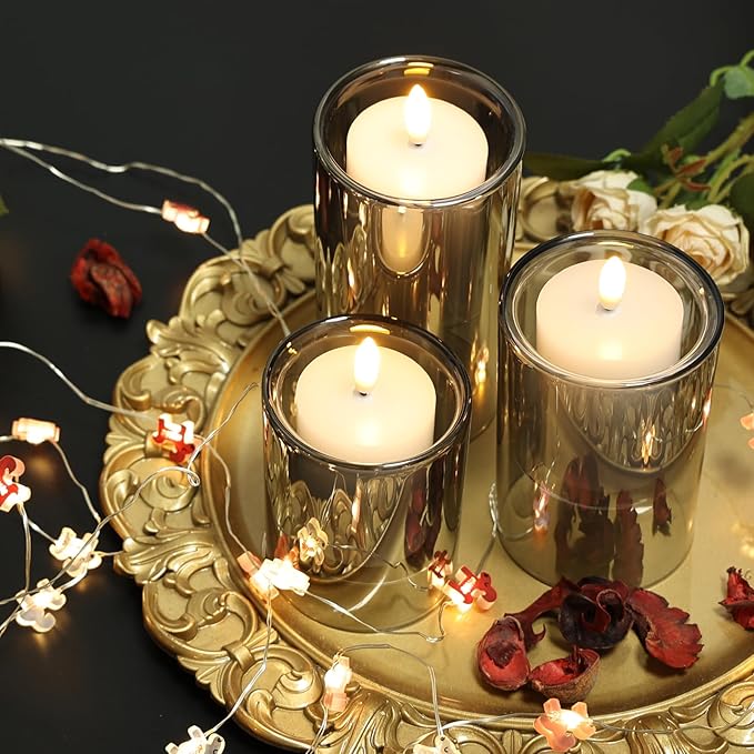NURADA Flameless Candles with Remote Timer - Glass Real Wax 3D Wick LED Pillar Votive Candle Set Battery Operated Flickering Light for Home Christmas Decoration -Grey 3 Pack