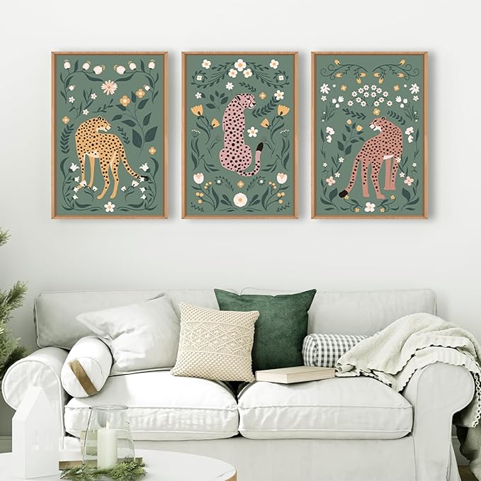 KAIRNE Boho Cheetah Wall Art Set of 3, Floral Leopard with Green Botanical Background, Mid Century Modern Animal Prints for Bedroom, Living Room, Office Decor, Aesthetic Framed Wall Decor, 24x36 Inch