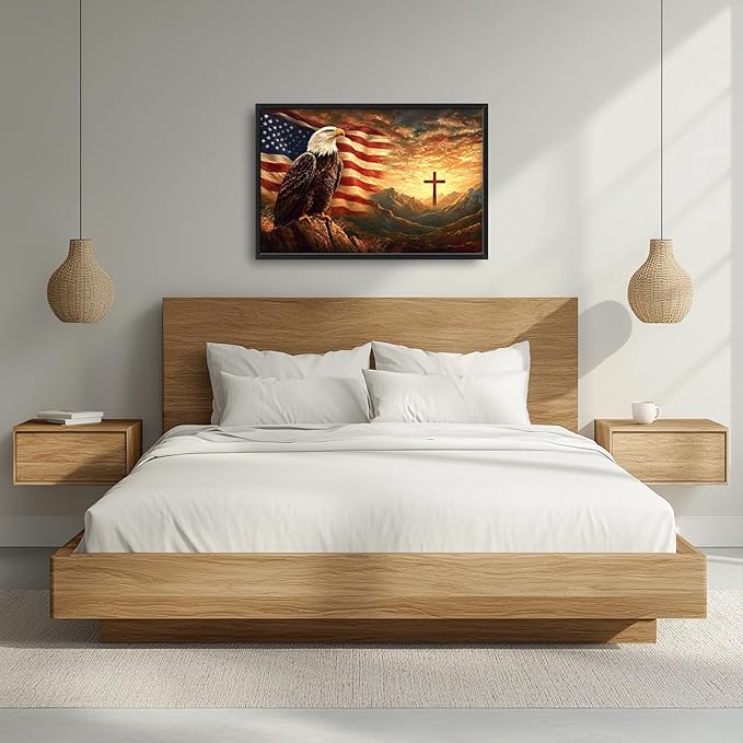 Framed Large Wall Art for Living Room, Bald Eagle American Flag Canvas Wall Decor, Large Christian Cross Picture Framed Painting, Modern Artwork for Bedroom Office 36L'' × 24W''