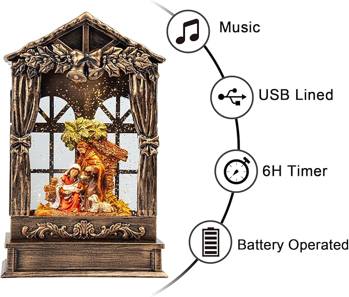 Christmas Snow Globe Lighted Manger Nativity Scene, Musical Water Lantern Play Silent Night Music in Swirling Glitter, Holiday Decorations Gifts for Family, Children or Friends