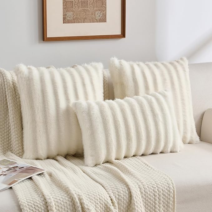 FUTEI Cream White Decorative Throw Pillow Covers 24x24 Inch Set of 2,Soft Fluffy Faux Mink Fur Dyeing Striped Textured European Cushion Case,Modern Home Decor for Couch Bed Living Room