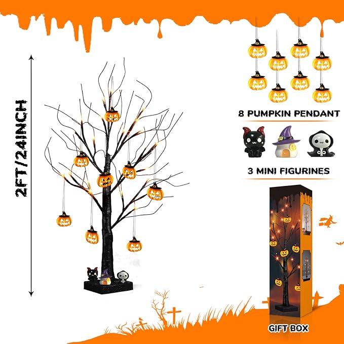 PEIDUO Halloween Indoor Decor, 2FT Halloween Tree with 24 Orange Lights and 8 Pumpkin Ornaments, Light up Halloween Decorations Black Tree with Timer for Indoor Home Desk Table Decor Battery Powered