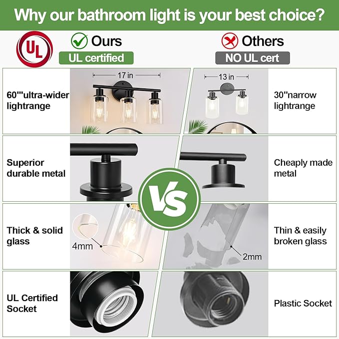 3-Light Bathroom Light Fixtures, 17.23" Black Modern Vanity Lights with Clear Glass Shade, Bathroom Wall Lamp for Mirror Kitchen Living Room Hallway Cabinet Porch