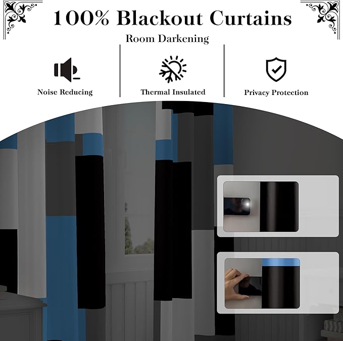 Light Blue 100% Blackout Curtains for Bedroom 72 inch Length 2 Panels Set Grey Modern Abstract Geometric Black Out Curtains Insulated Room Darkening Window Drapes for Living Room, 52Wx72L