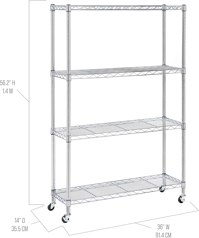 Seville Classics Solid Steel Wire Shelving Storage Unit Adjustable Shelves Organizer Rack, for Home, Kitchen, Office, Garage, Bedroom, Closet, Steel, 4-Tier, 36" W x 14" D