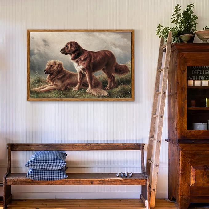 crmotu Framed Wall Art Prints, Still Life Dogs Vintage Decor Paintings, Meadow Golden Retriever Animal Canvas Pictures, Retro Rustic Home Decor Living Room Bedroom Kitchen Aesthetic Artwork 20x30in