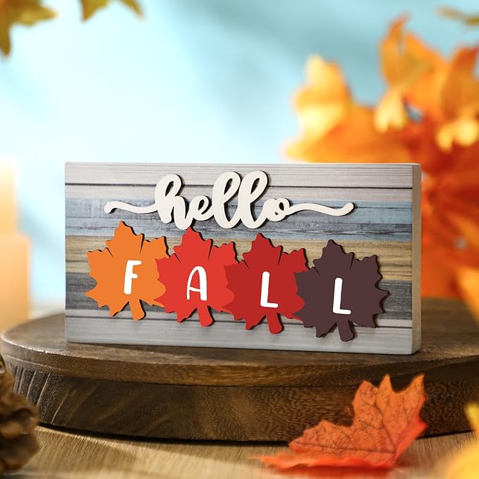 Roowest 5 Pcs Hello Fall Sign Interchangeable Seasonal Sign Spring Summer Winter Tiered Tray Decor 5.9 x 3 Inch Wooden 4 Seasons Farmhouse Table Centerpiece Decoration for Home Shelf Office(Retro)