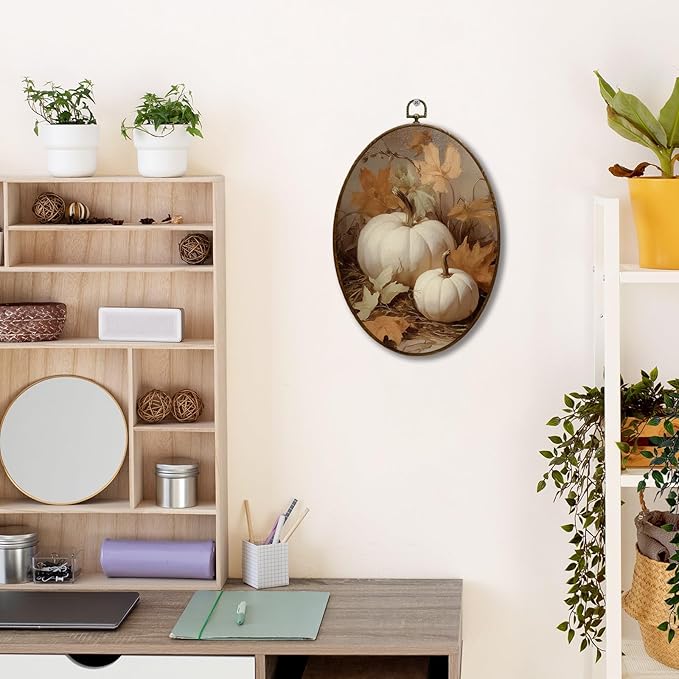 JQF Vintage Fall Pumpkin Oval Wall Art, Farmhouse Autumn Pumpkin Maple Leaf Oval Canvas Wall Art, Retro Rustic Fall Framed Prints Hanging Decor for Home Bedroom Living Room, 8.5x11.5 Inch