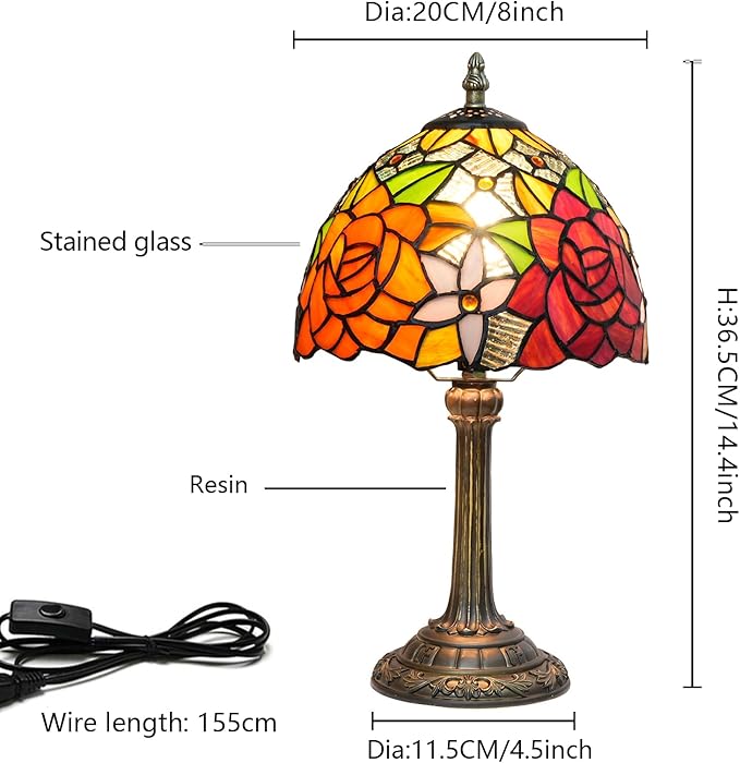 8 Inch Tiffany Stained Glass Lamp, Red And Orange Rose Flower Design, Victorian Vintage Style Bedside Lamp, Suitable For Bedroom Dining Room Office Hotel And Other Home Decoration (Gorgeous Rose)