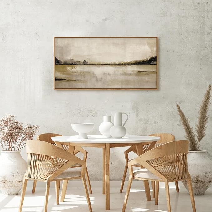 KAIRNE Large Abstract Mountain Lake Wall Art Set, Neutral Textured Canvas Wall Decor, Framed Nordic Tan Wall Painting, Nature Landscape Art Print for Bedroom, Living Room, Office - 20"x40"
