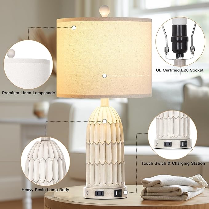 Farmhouse Table Lamps Set of 2, 3-Way Dimmable Touch Lamp for Bedroom Nightstand with USB A+C Ports & AC Outlet, White Vintage Boho Bedside Lamp for Living Room End Table (Bulbs Included)