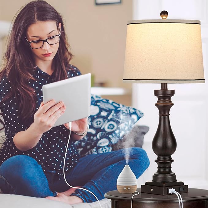 27.5" Farmhouse Table Lamp for Living Room Set of 2,Vintage Bedside Nightstand Lamps with USB C+A Ports & AC Outlet,3-Way Dimmable Touch Control Retro Black Desk Lamp for Bedroom,Black