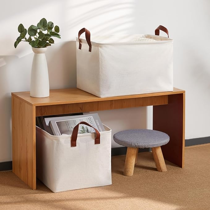 DULLEMELO Large Fabric Storage Bins Set of 2 Rectangle Closet Baskets for Clothes, Towels, Shoes, Natural Color