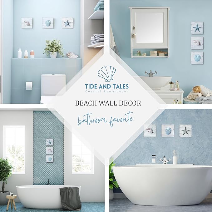 TideAndTales 3D Beach Wall Art - Seashell with Starfish for Coastal Bathroom Decor, Ocean Inspired Decor for Bathroom, Coastal Bedroom, Living Room or Beach House, Set of 3 (6”x 6”)