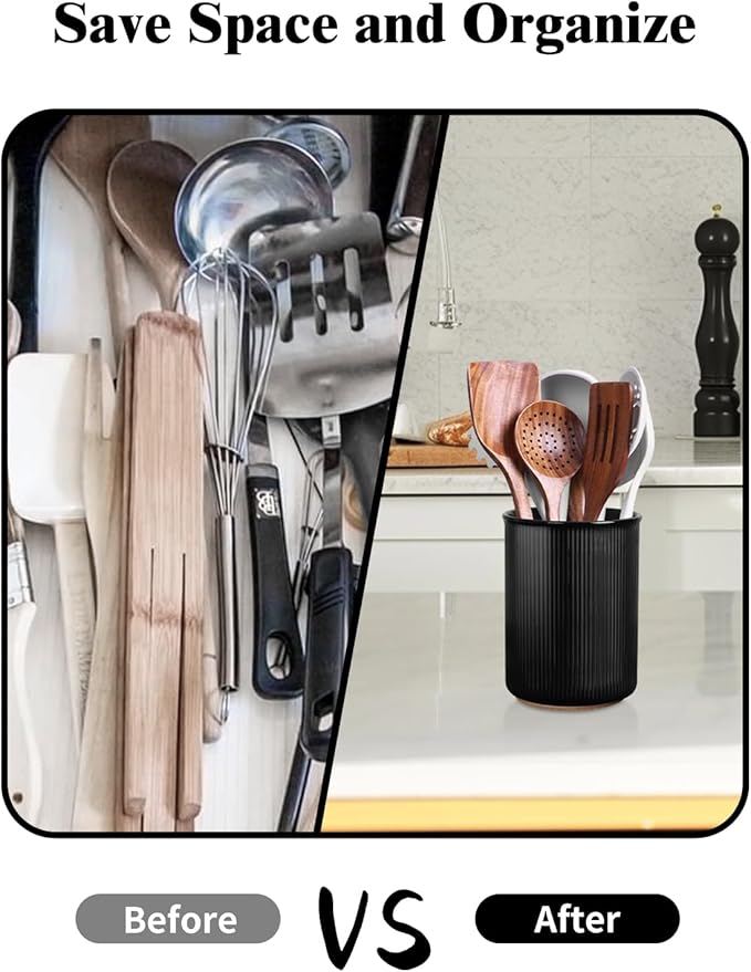 LoeJan Utensil Holder, Extra Large Utensil Crock, Stable Ceramic Utensil Organizer, Cooking Tool Organizer Set for Kitchen Counter Farmhouse Decor (F-6.7" Black)