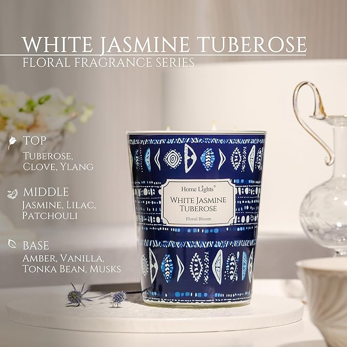 HomeLights Scented Candles for Women & Men, 34oz Candle Jars Aromatherapy 3-Wick Candle, Ideal for Bohemian Natural Textures Home Decor and Gifts, White Jasmine Tuberose