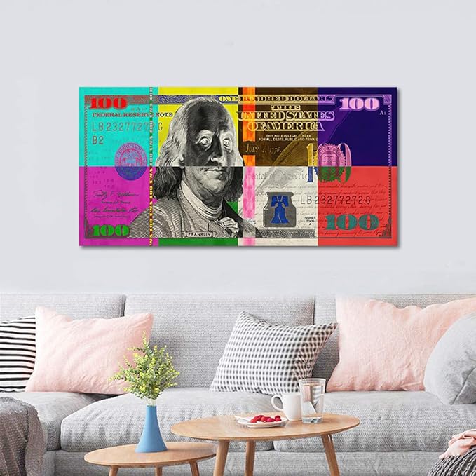 Yatsen Bridge Vivid Colorful 100 USD Artwork Abstract Creative Benjamin Franklin 100 Dollar Bill Color Blocks Canvas Paintings Wall Art HD Print Modern Home Office Decor Gallery Wrapped Easy to Hang