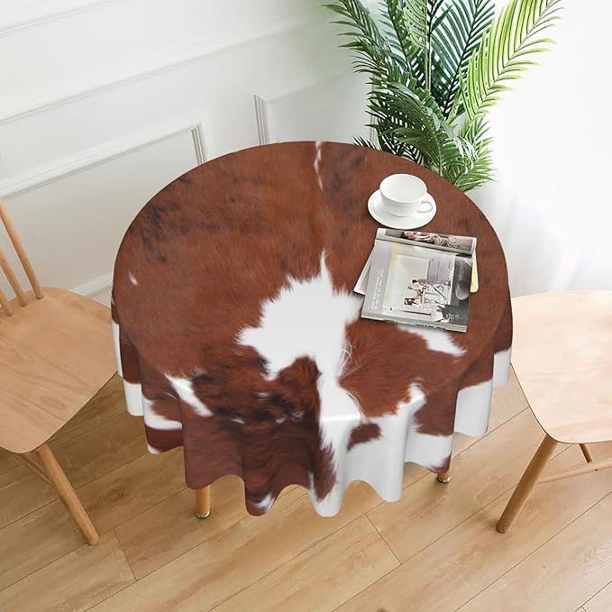 Cow Print Tablecloth Round 60 Inch Vinyl Spring Cowhide Table Cloths for Parties Waterproof Fabric Brown Animal Print Tablecloths Decorative for Holiday Home Party Wedding Picnic