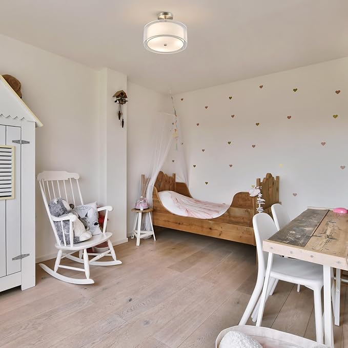 VONLUCE Semi Flush Mount Ceiling Light, 13'' Ceiling Light Fixture with 2-Layer Fabric Shade, 3-Light Modern Drum Light Fixture for Bedroom Living Room Entryway Hallway, White Shade & Nickel Finish