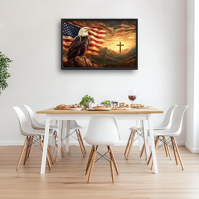 Framed Large Wall Art for Living Room, Bald Eagle American Flag Canvas Wall Decor, Large Christian Cross Picture Framed Painting, Modern Artwork for Bedroom Office 36L'' × 24W''